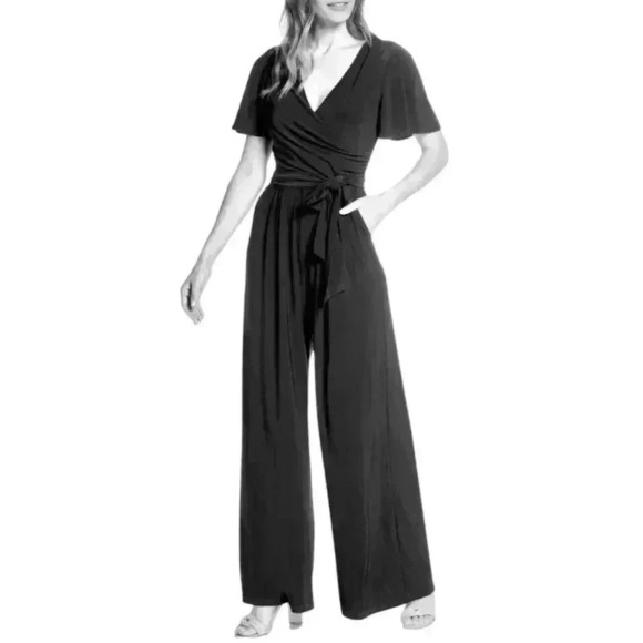 HARPER ROSE black wrap palazzo wide leg V-neck jumpsuit women’s size large - Picture 1 of 10
